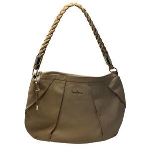 Cole Haan Pleated Tote Handbag Womens Tan Leather Braided Strap Inner Pockets